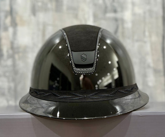 Helmet V2 Miss Glossy - Alcantara - 356 Swarovski Crystal Rails - Black Matt Blazon - Alcantara Top,  5 Jet Hematite Swarovski Crystal - Samshield 2.0 Custom - MSG356ALCE