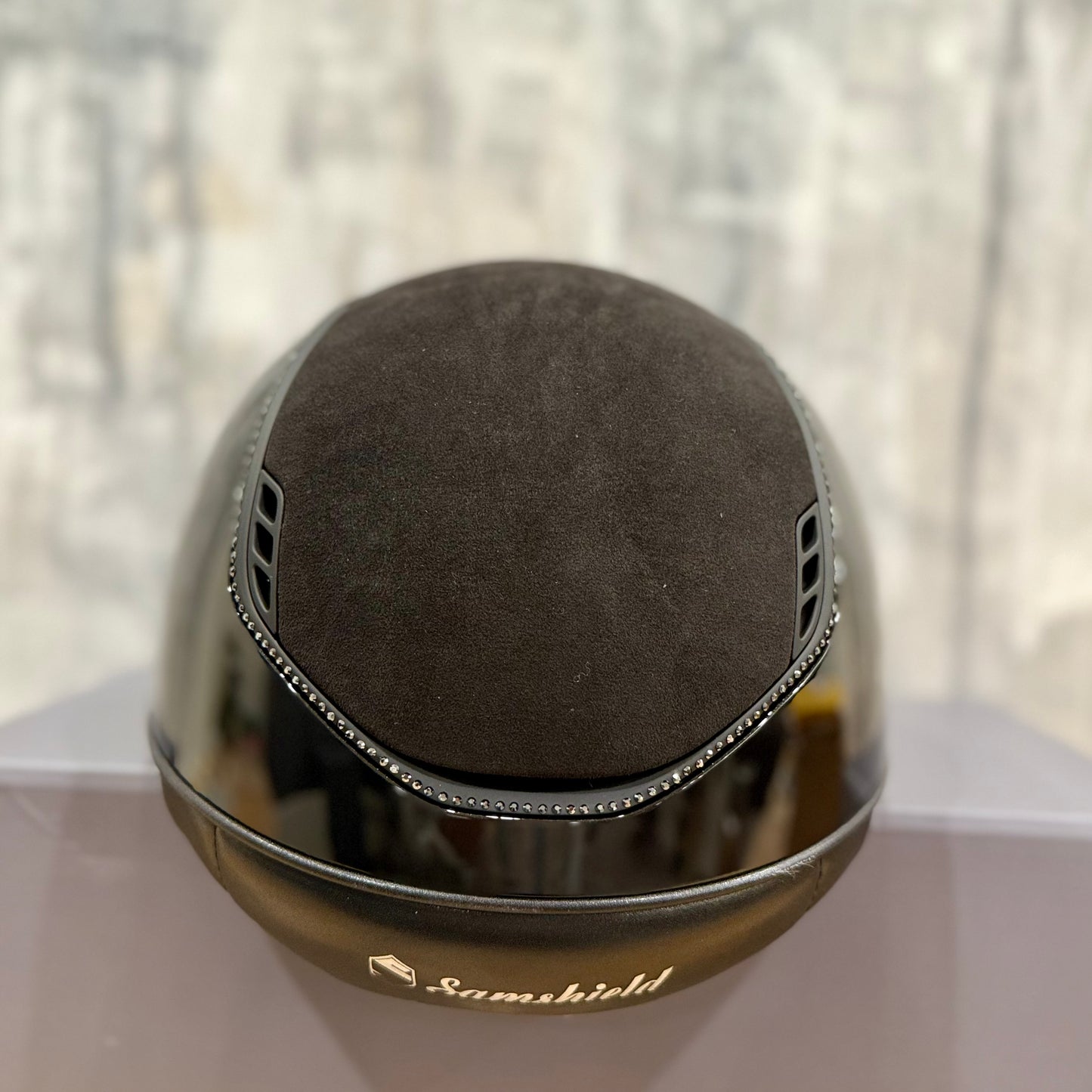 Helmet V2 Miss Glossy - Alcantara - 356 Swarovski Crystal Rails - Black Matt Blazon - Alcantara Top,  5 Jet Hematite Swarovski Crystal - Samshield 2.0 Custom - MSG356ALCE