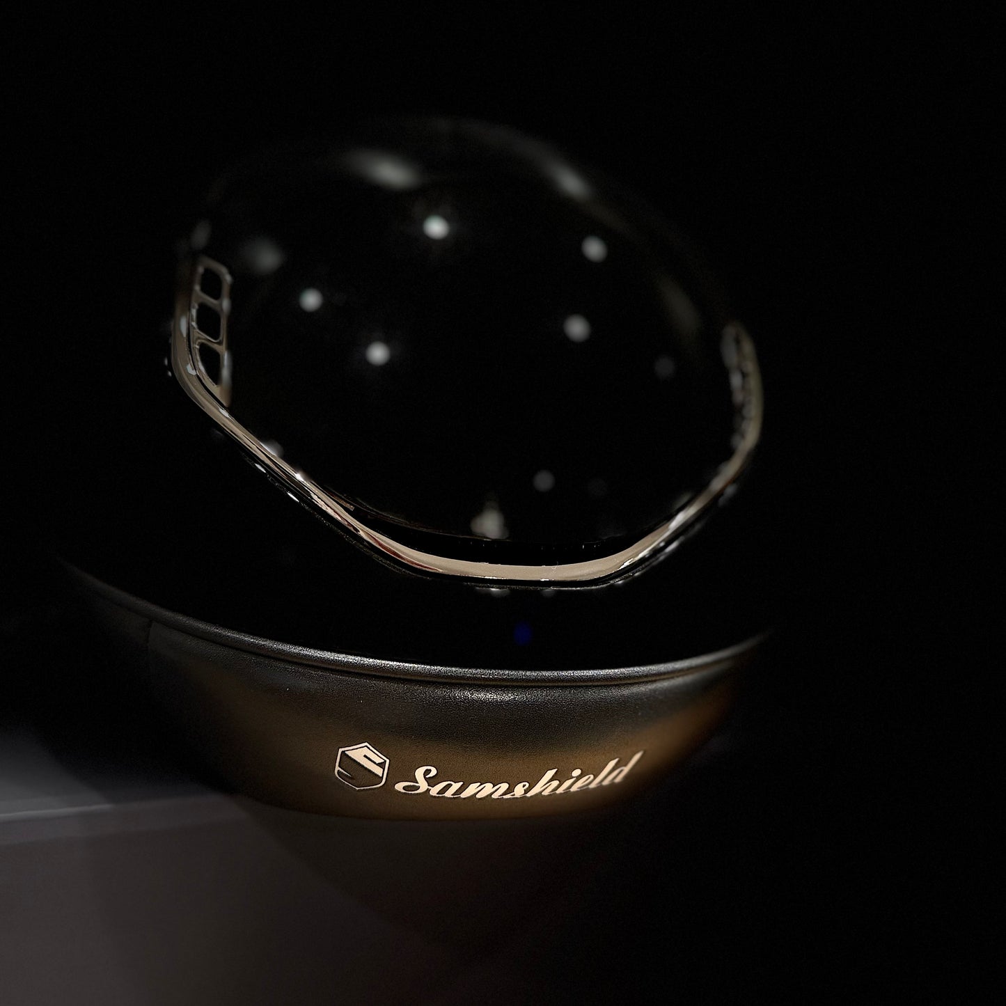 Helmet V2 Miss Glossy - Bermuda Blue Ultrafine Rock Swarovski Crystal - Bermuda Blazon - Bermuda UFR Band -Black Chrome Rails - Samshield Custom 2.0
