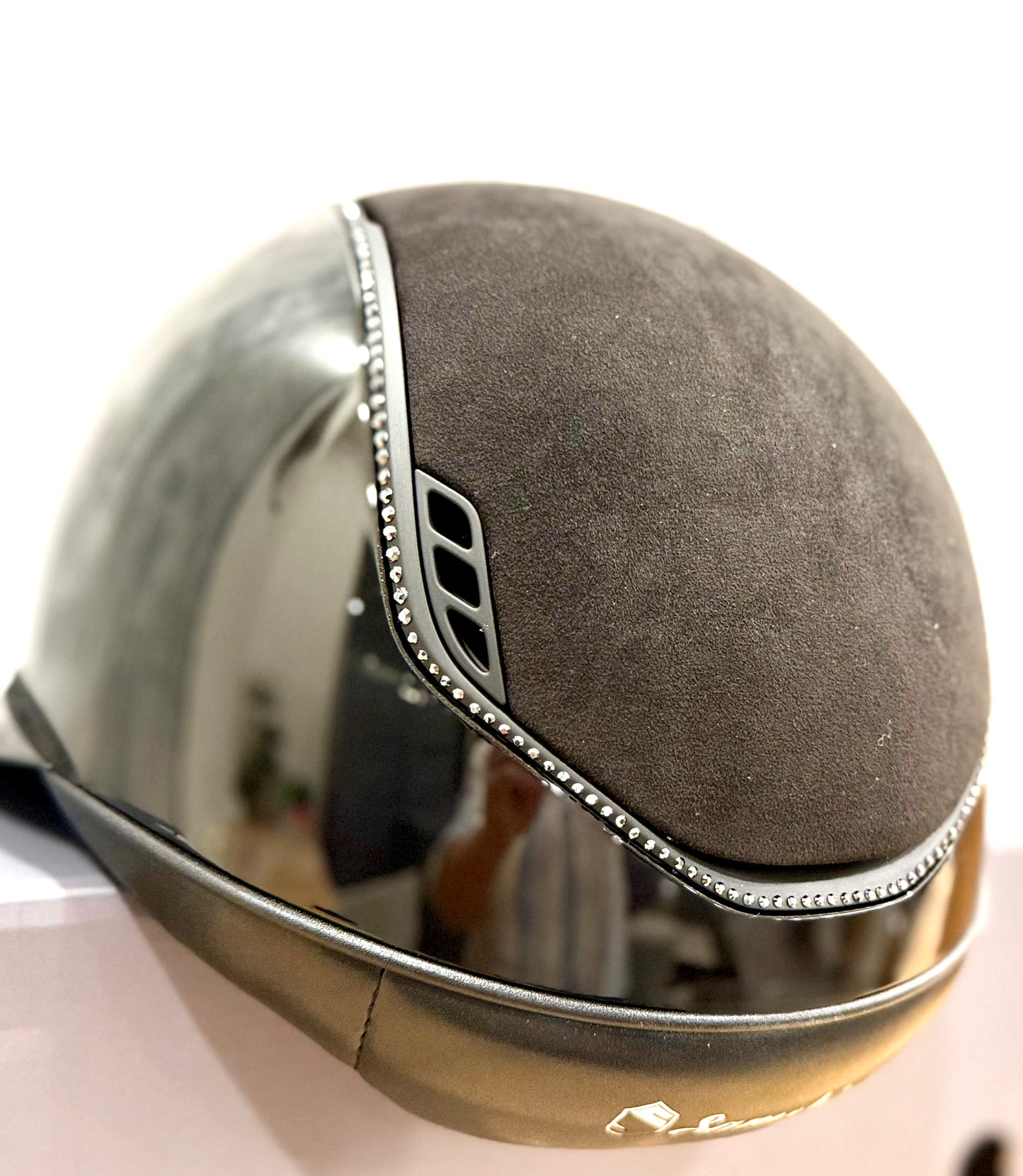 Helmet V2 Miss Glossy - Alcantara - 356 Swarovski Crystal Rails - Black Matt Blazon - Alcantara Top,  5 Jet Hematite Swarovski Crystal - Samshield 2.0 Custom - MSG356ALCE