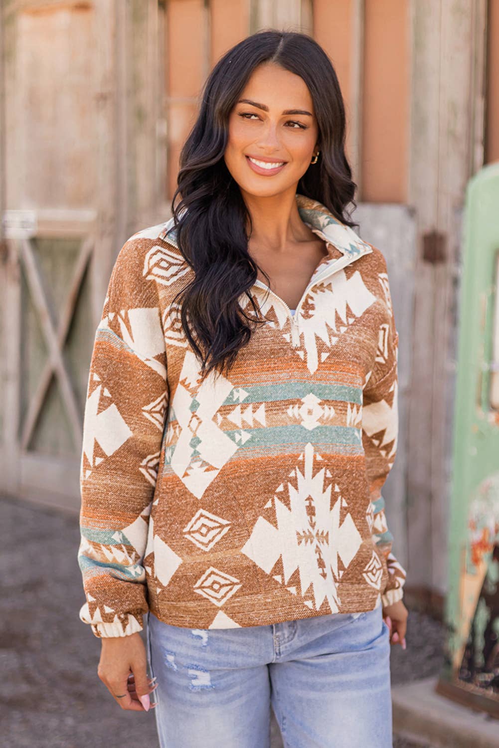 Fashion-W Western Quarter Zip Elastic Cuffs Sweatshirt: As shown / Missy / L