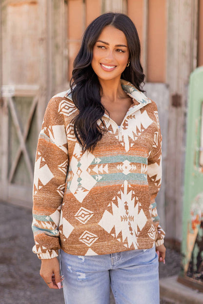 Fashion-W Western Quarter Zip Elastic Cuffs Sweatshirt: As shown / Missy / M