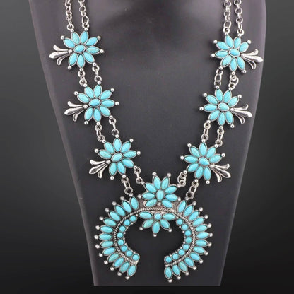 Faux Turquoise Squash Blossom Necklace