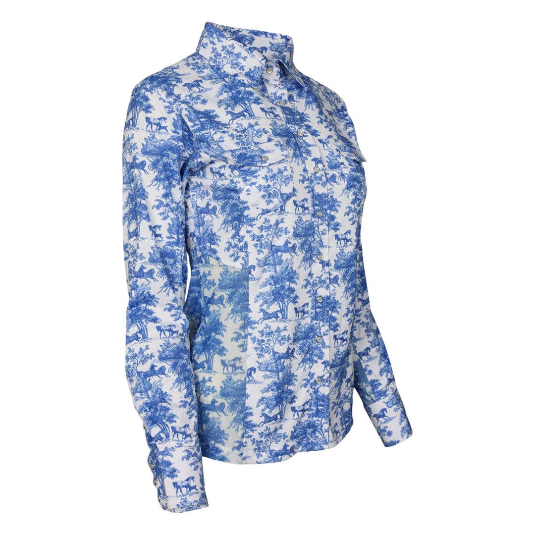 Dapplebay Equestrian Toile Button Down Western Shirt-Blue/White: Blue/White / XXL