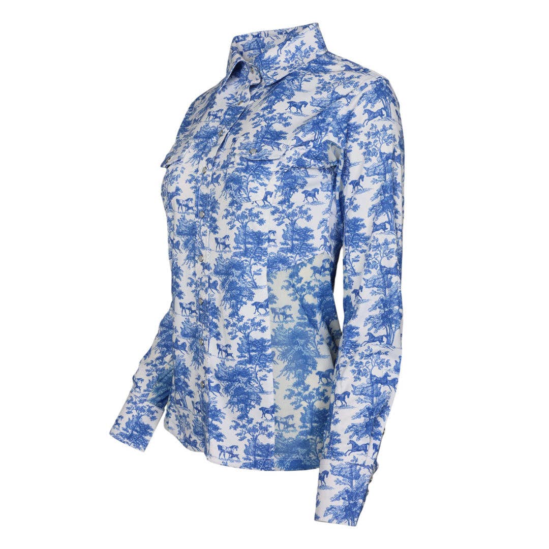 Dapplebay Equestrian Toile Button Down Western Shirt-Blue/White: Blue/White / XXL