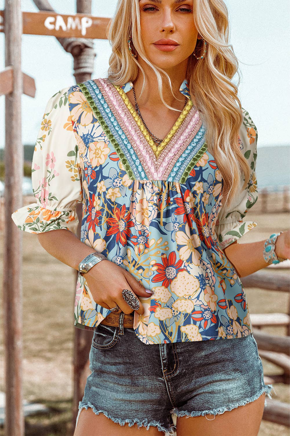Fashion-W Crochet Boho Half & Long Sleeve Floral Blouse: As shown / Missy / M