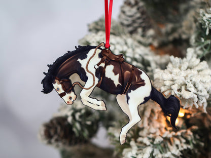 Bay Tobiano Bucking Rodeo Christmas Ranch Horse Ornament