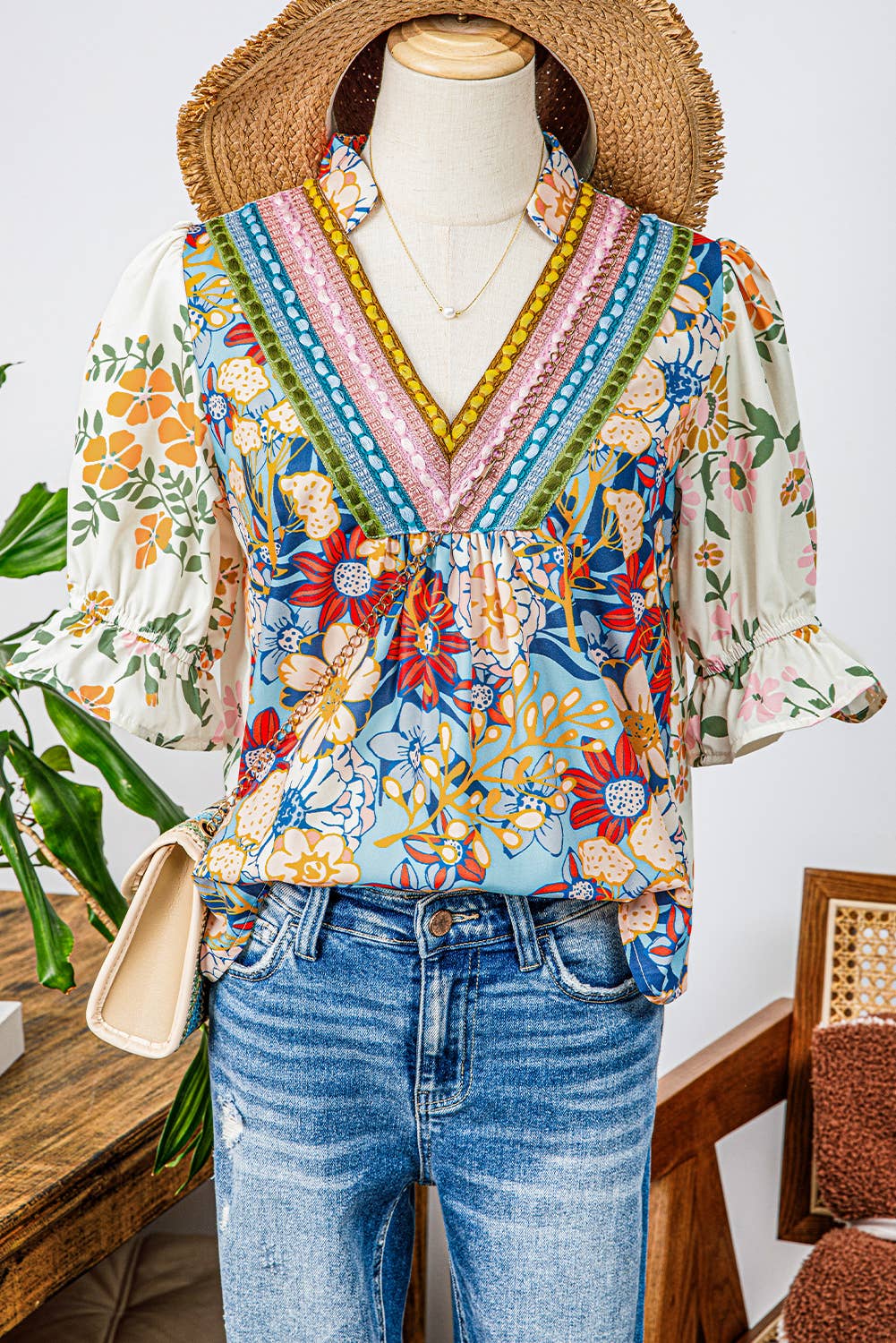 Fashion-W Crochet Boho Half & Long Sleeve Floral Blouse: As shown / Missy / S