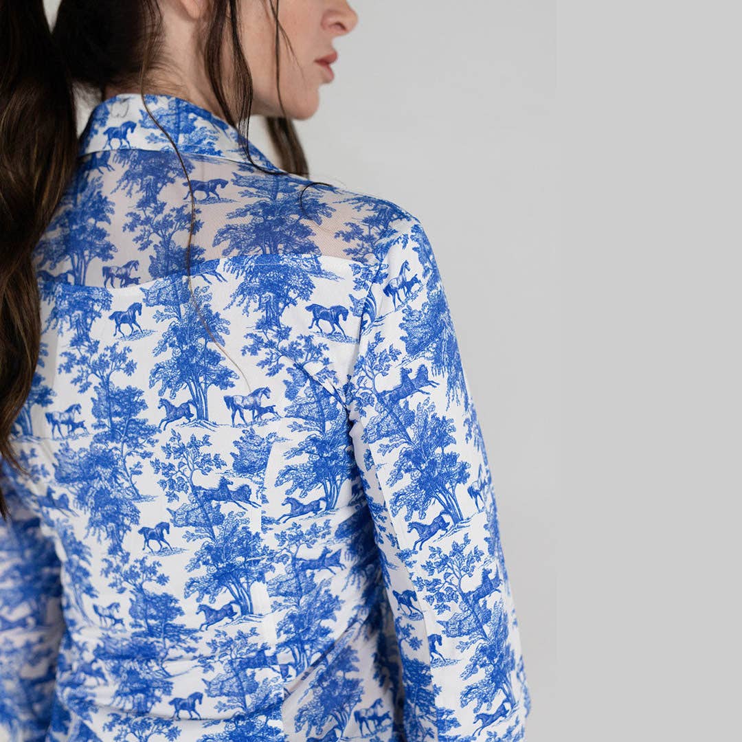 Dapplebay Equestrian Toile Button Down Western Shirt-Blue/White: Blue/White / XXL