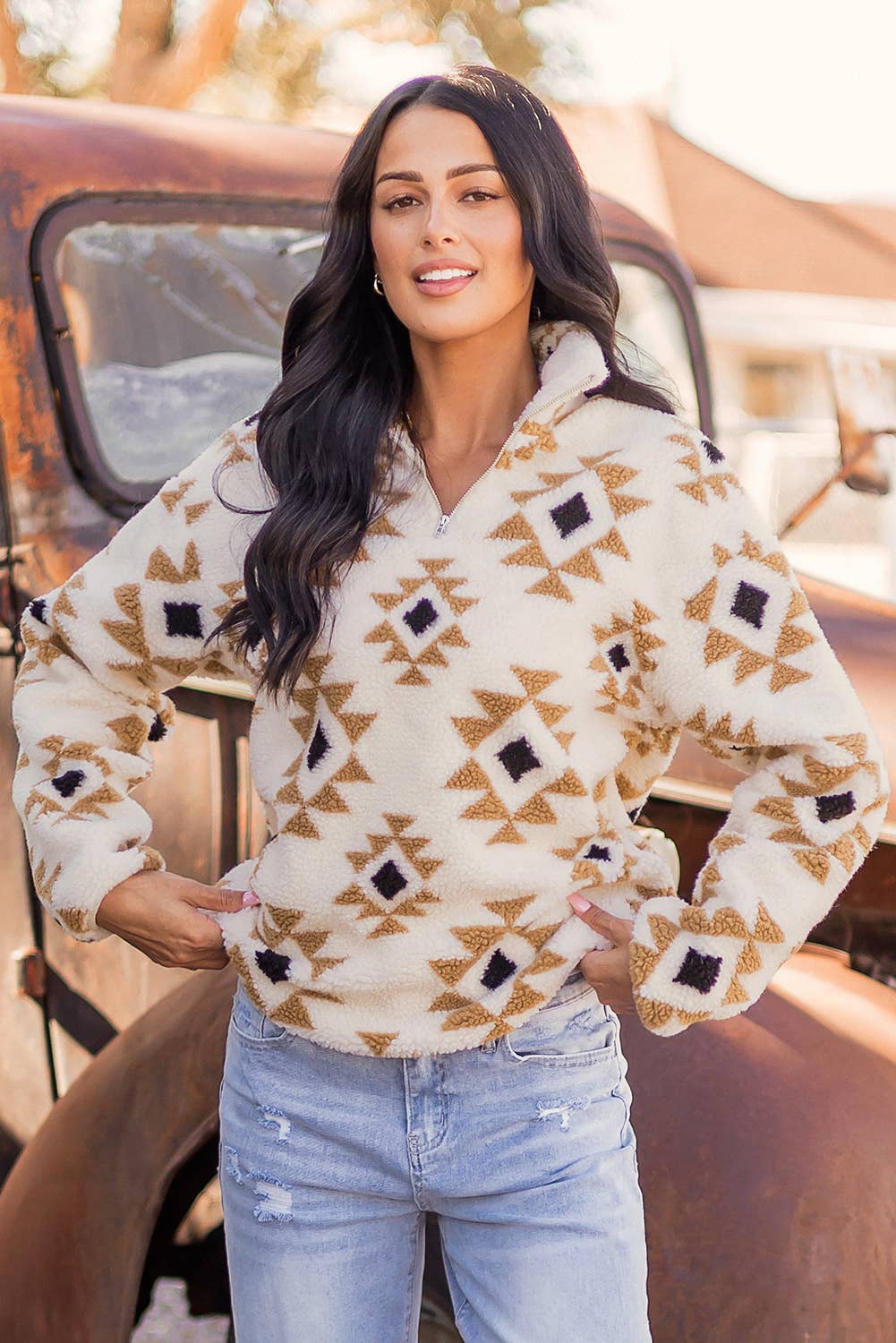 Fashion-W Western Sherpa Quarter Zip Collar Sweatshirt: As shown / Missy / L