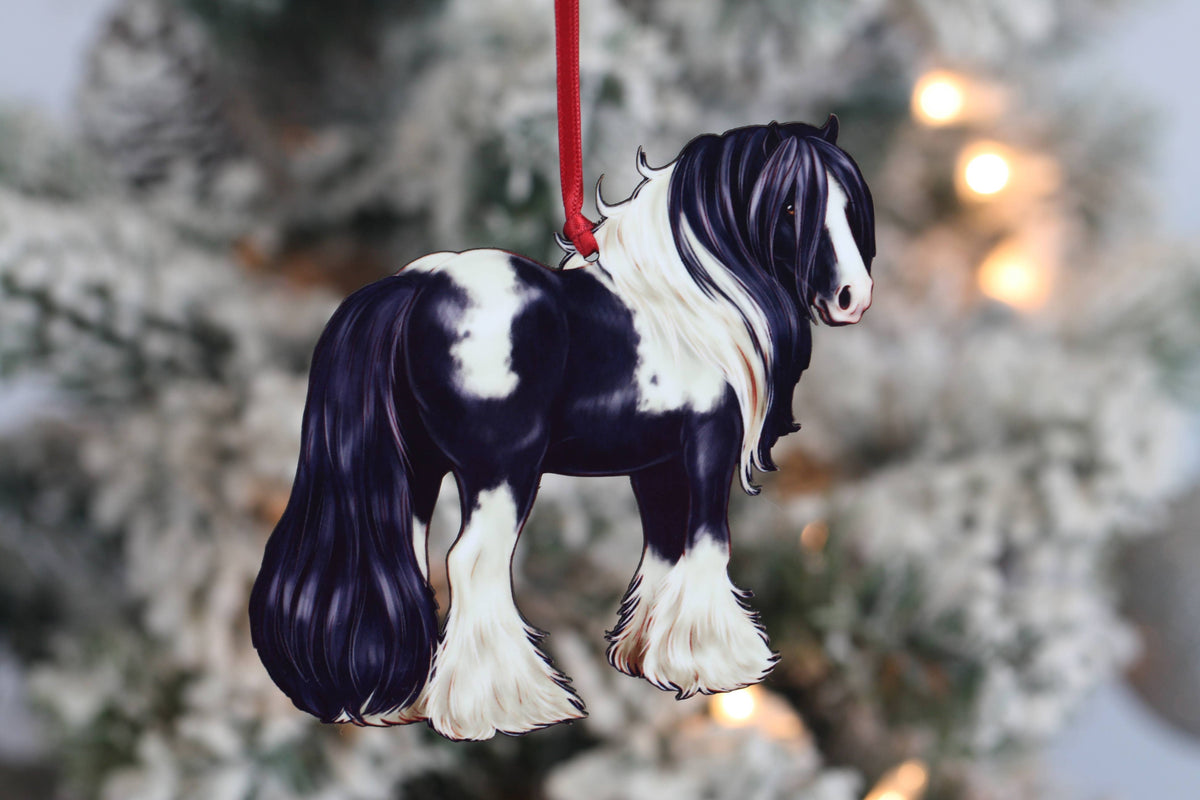 Black Tobiano Gypsy Cob Horse Christmas Ornament Decoration