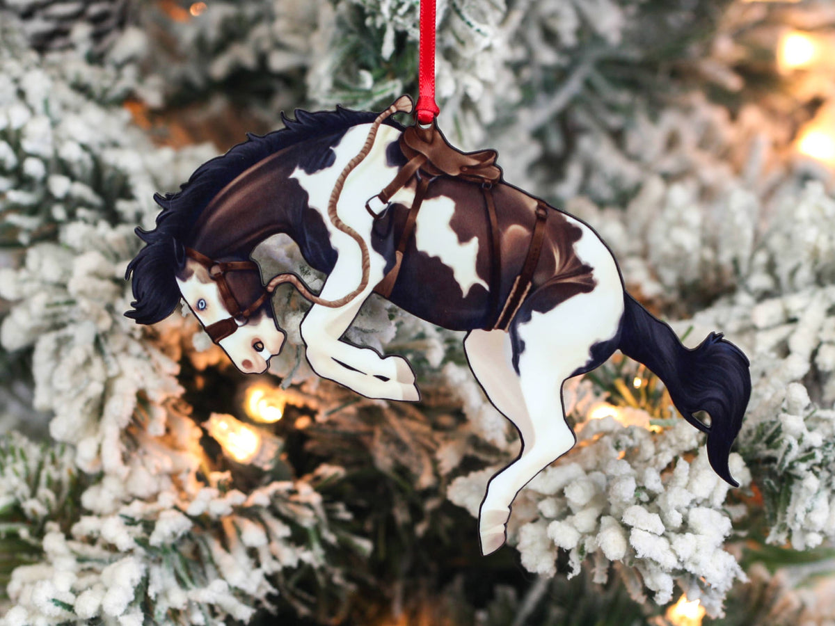 Bay Tobiano Bucking Rodeo Christmas Ranch Horse Ornament