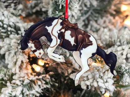 Bay Tobiano Bucking Rodeo Christmas Ranch Horse Ornament