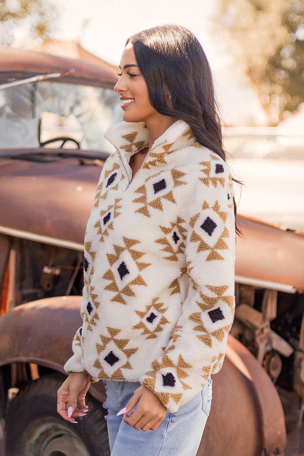 Fashion-W Western Sherpa Quarter Zip Collar Sweatshirt: As shown / Missy / S