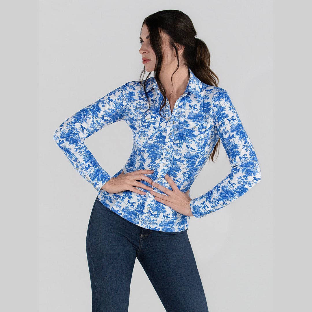 Dapplebay Equestrian Toile Button Down Western Shirt-Blue/White: Blue/White / XXL