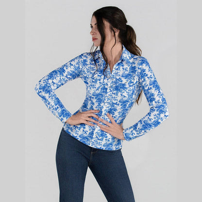 Dapplebay Equestrian Toile Button Down Western Shirt-Blue/White: Blue/White / XXL