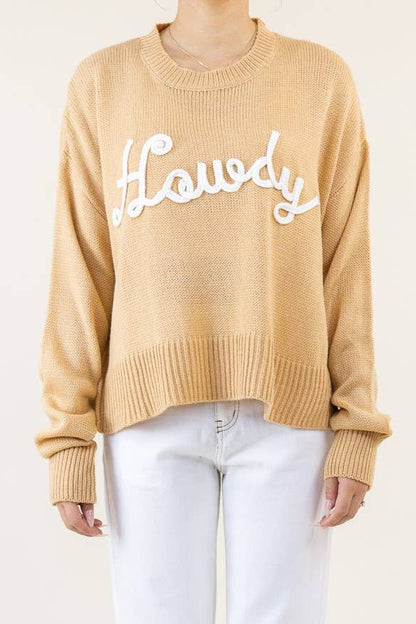 CSW10287Y - "HOWDY" EMBROIDERED KNIT SWEATER: Tan / S