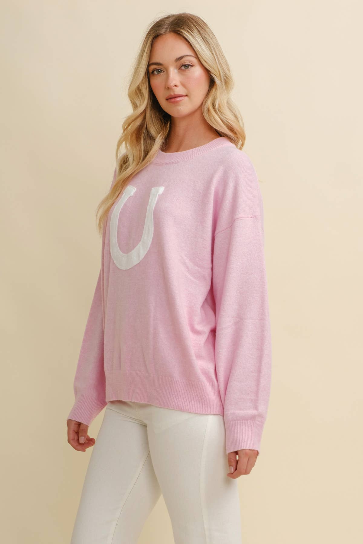 CSW13668 - HORSE SHOE PULLOVER SWEATER: Beige / S