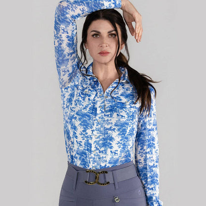 Dapplebay Equestrian Toile Button Down Western Shirt-Blue/White: Blue/White / XXL