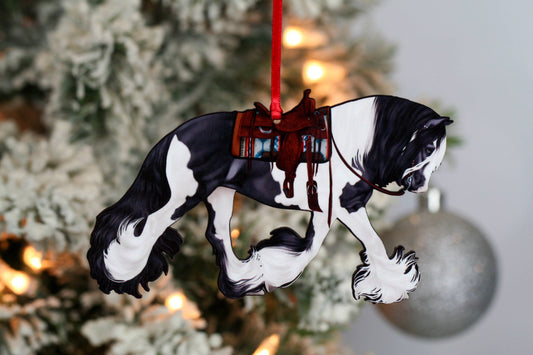 Black Tobiano Gypsy Cob Western Horse Ornament Christmas