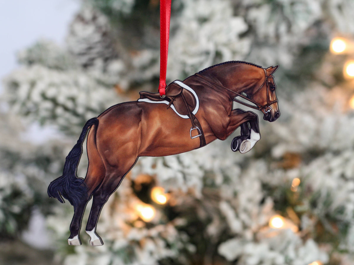 Equestrian Hunter Horse Ornament - Bay Hunter Jumper Takeoff